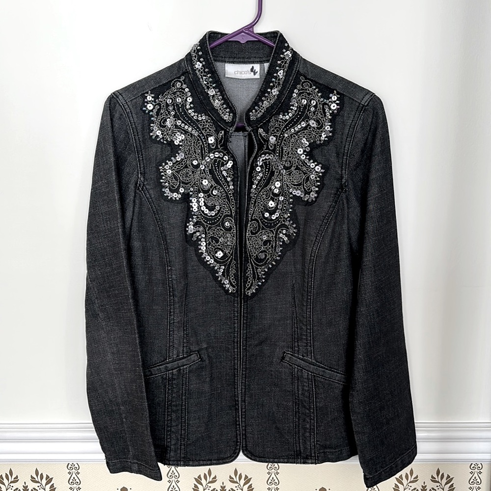 Chicos Blazer Gray Faded Black Denim Jacket S Embellished Sequins Beaded Stretch